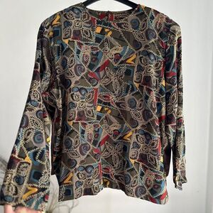 Vintage Nora Noh 100% Silk Shirt Womens Colorful Abstract Art To Wear Large